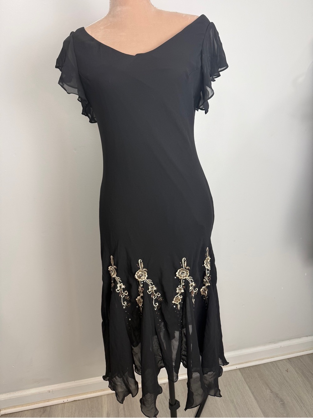 S.L. Fashions Black Midi Dress with Gold Floral Embroidery
